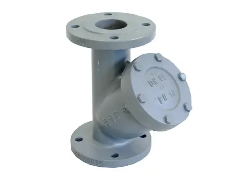 Grauguss-Schmutzfänger mit Flanschanschluss, seitlicher Anschluss und maschenweite 1,0 mm. Produkt von Oventrop, geeignet zur Filterung von Schmutz in Rohrleitungen.